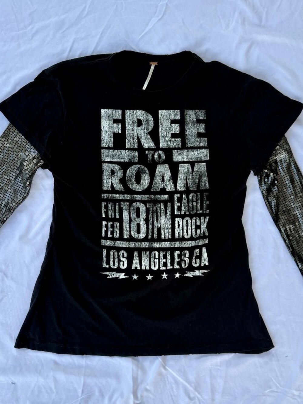 Free People Med Sequin Long Sleeve Graphic Tee Distressed Concert Tour Top